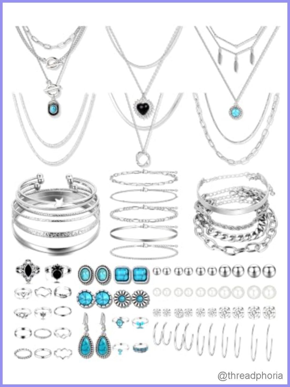 73 PCS Silver Plated Turquoise Jewelry Set Boho Layered Necklaces Stackable